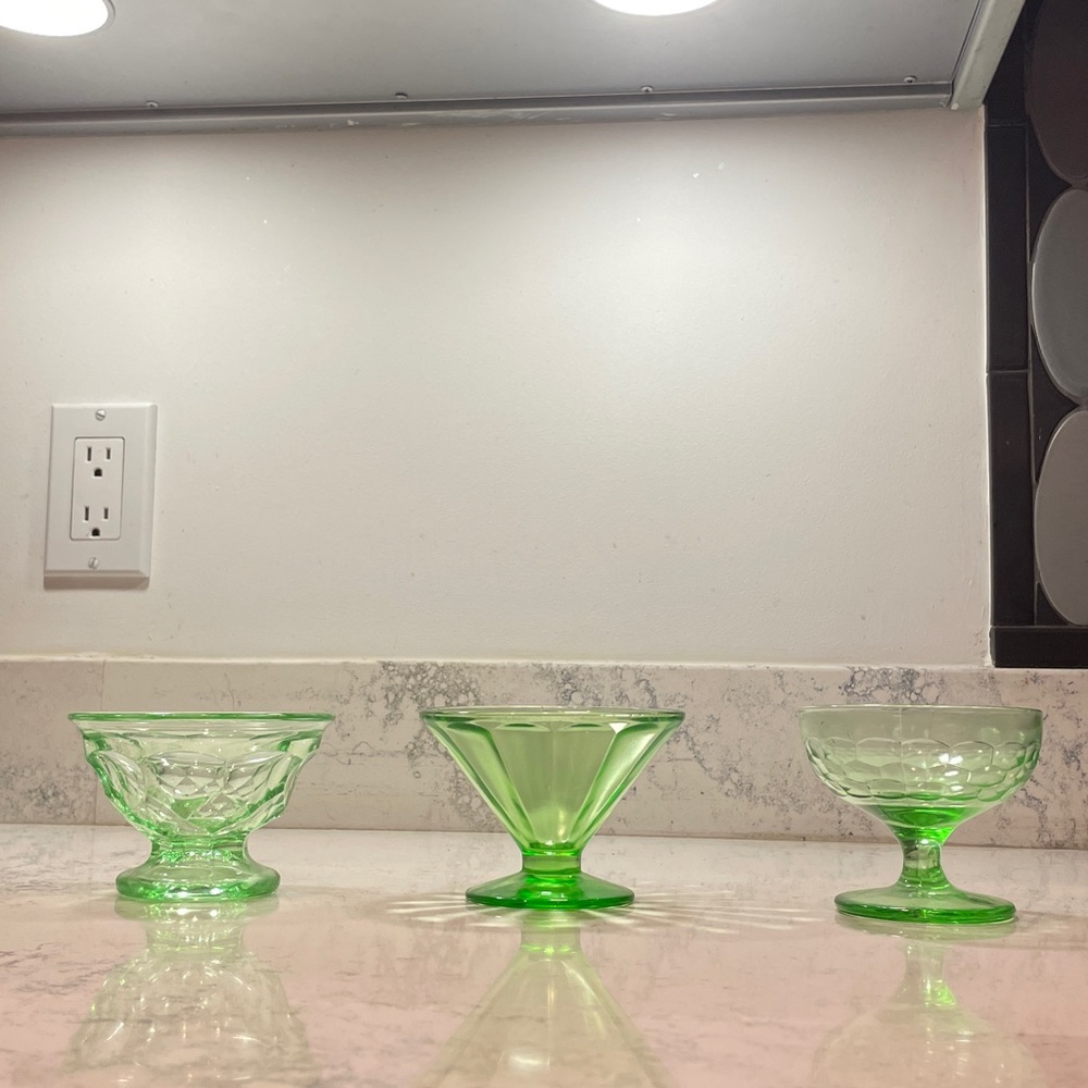Uranium Green Bundle of 3 Ice cream or Sherbet Bowls Vintage Glowing Glass EUC